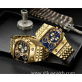 Original Golden D Shape Big Dial Watch With Chain Stainless Steel Strap Men's Quartz Watches Multi Time Zone Luxury Wristwatch
